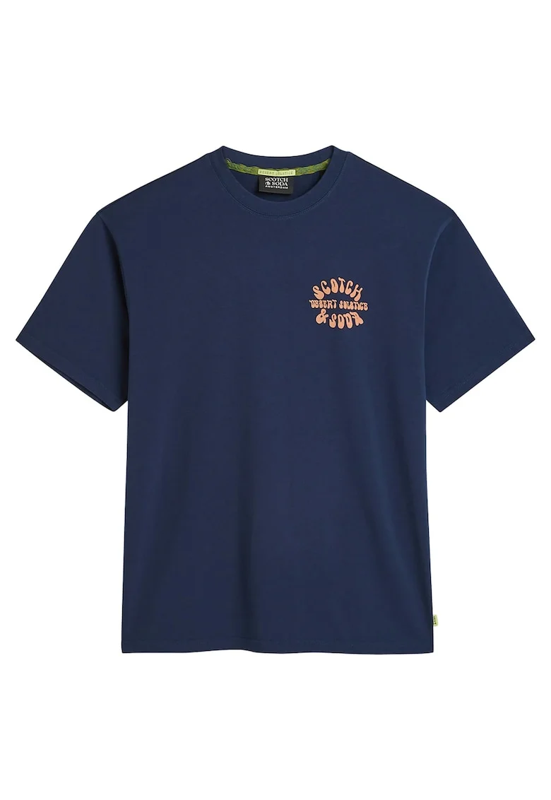 Tricou cu decolteu la baza gatului si imprimeu pe spate, Albastru