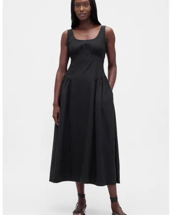 Rochie midi din amestec de in cu buzunare laterale, Negru