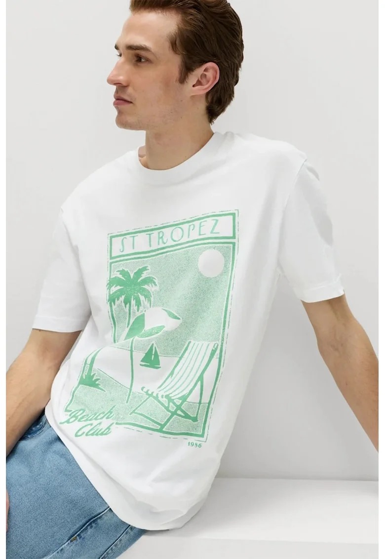 Tricou de bumbac cu decolteu la baza gatului si model grafic, Alb/Verde deschis