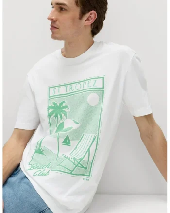Tricou de bumbac cu decolteu la baza gatului si model grafic, Alb/Verde deschis