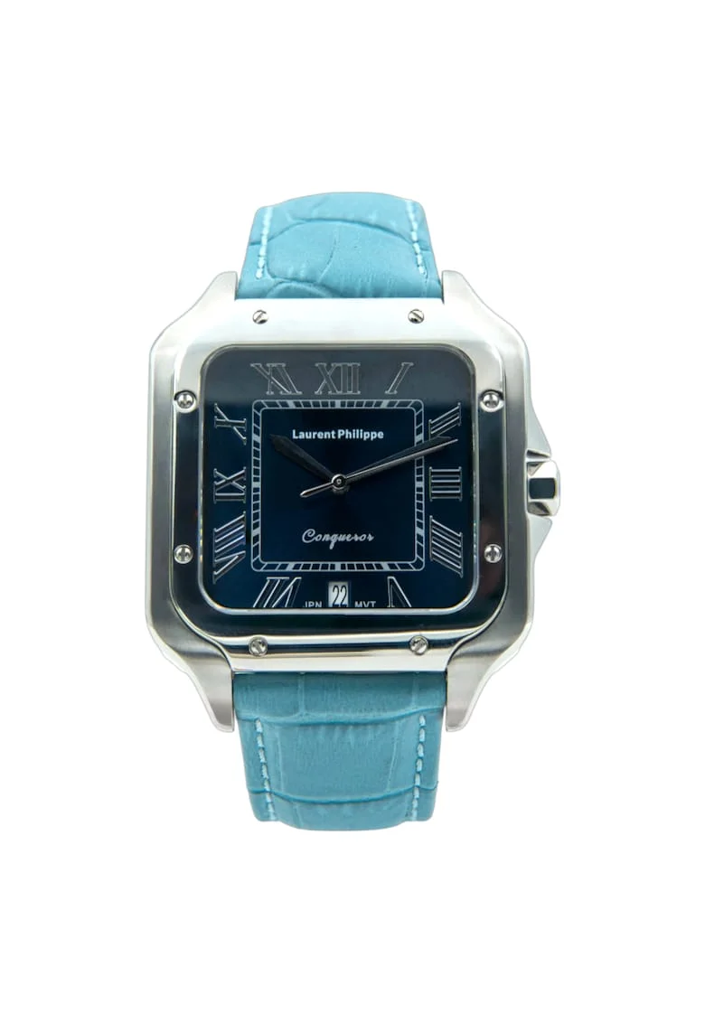 Ceas  Conqueror Burmese Blue, cadran albastru-safir, carcasa inox, curea piele bleu pastel