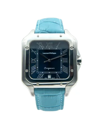Ceas  Conqueror Burmese Blue, cadran albastru-safir, carcasa inox, curea piele bleu pastel