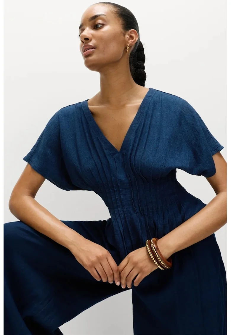 Bluza din amestec de in cu decolteu in V, Albastru inchis