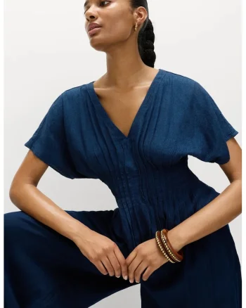 Bluza din amestec de in cu decolteu in V, Albastru inchis