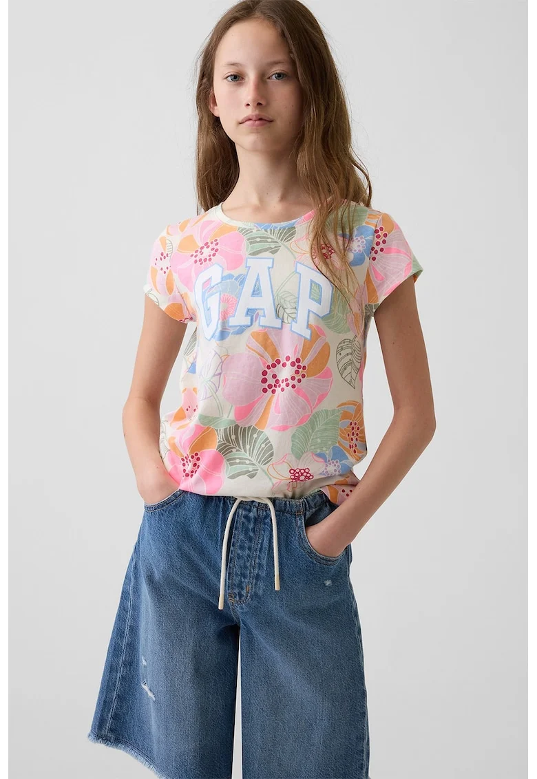 Tricou din bumbac cu model floral si logo, Multicolor