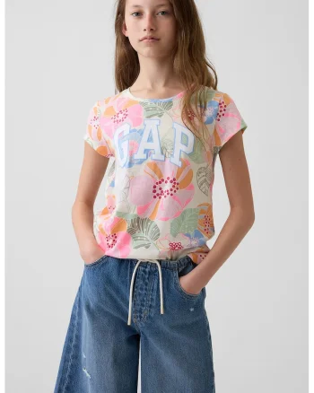 Tricou din bumbac cu model floral si logo, Multicolor