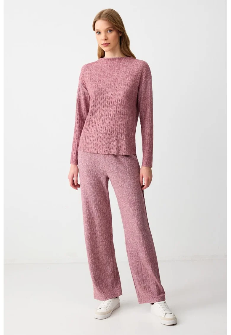 Pantaloni din tricot cu croiala ampla si model texturat, Roz inchis