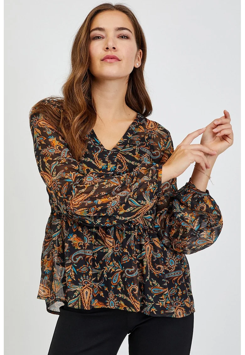 Bluza cu model si decolteu in V, Negru/Portocaliu/Turcoaz