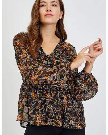 Bluza cu model si decolteu in V, Negru/Portocaliu/Turcoaz