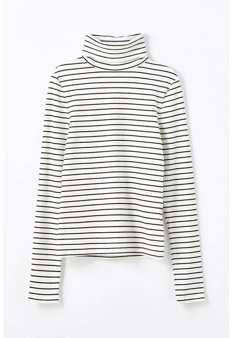 Bluza cu guler inalt si model in dungi, Negru/Alb murdar