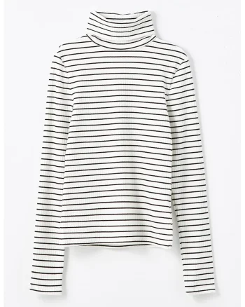 Bluza cu guler inalt si model in dungi, Negru/Alb murdar