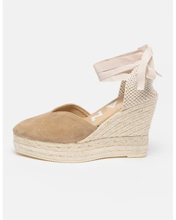 Sandale-espadrile wedge de piele intoarsa, Maro taupe