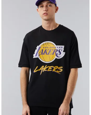 Tricou cu decolteu la baza gatului LA Lakers NBA Script, Negru/Galben/Ametist