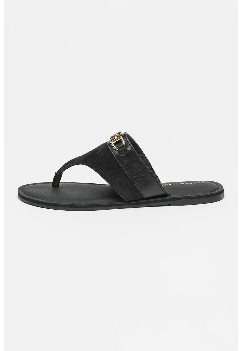 Papuci flip-flop din piele, Negru