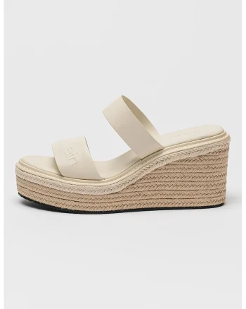 Papuci din piele cu talpa wedge si detaliu logo, Crem