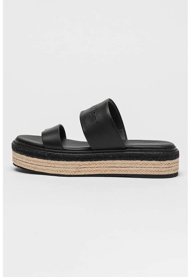 Papuci din piele flatform cu model uni, Negru