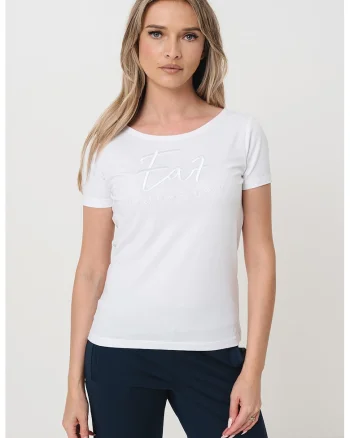 Tricou cu decolteu rotund si imprimeu logo, Alb optic