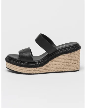 Papuci din piele cu talpa wedge si detaliu logo, Negru
