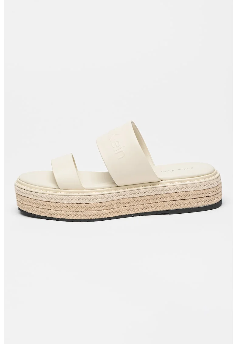 Papuci din piele flatform cu model uni, Crem