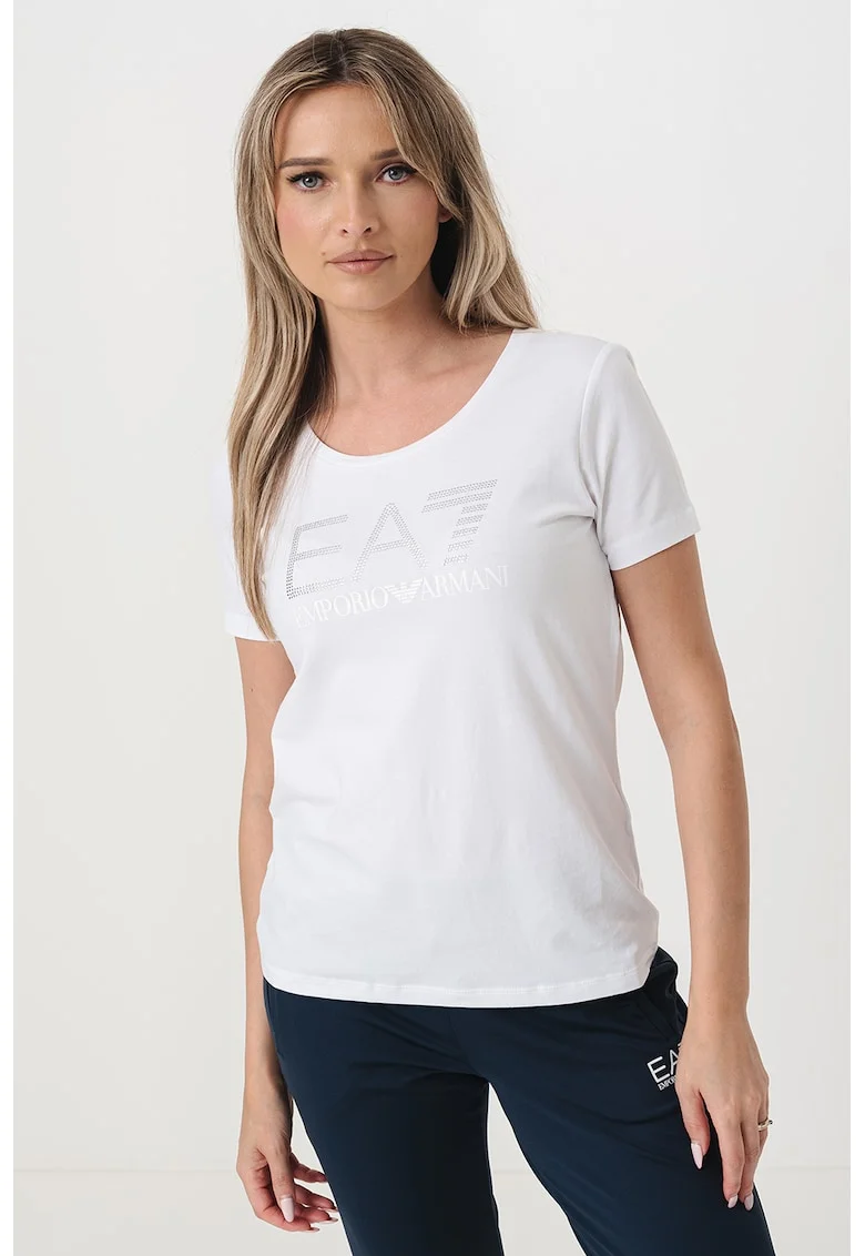 Tricou cu decolteu rotund si imprimeu logo, Alb/Argintiu