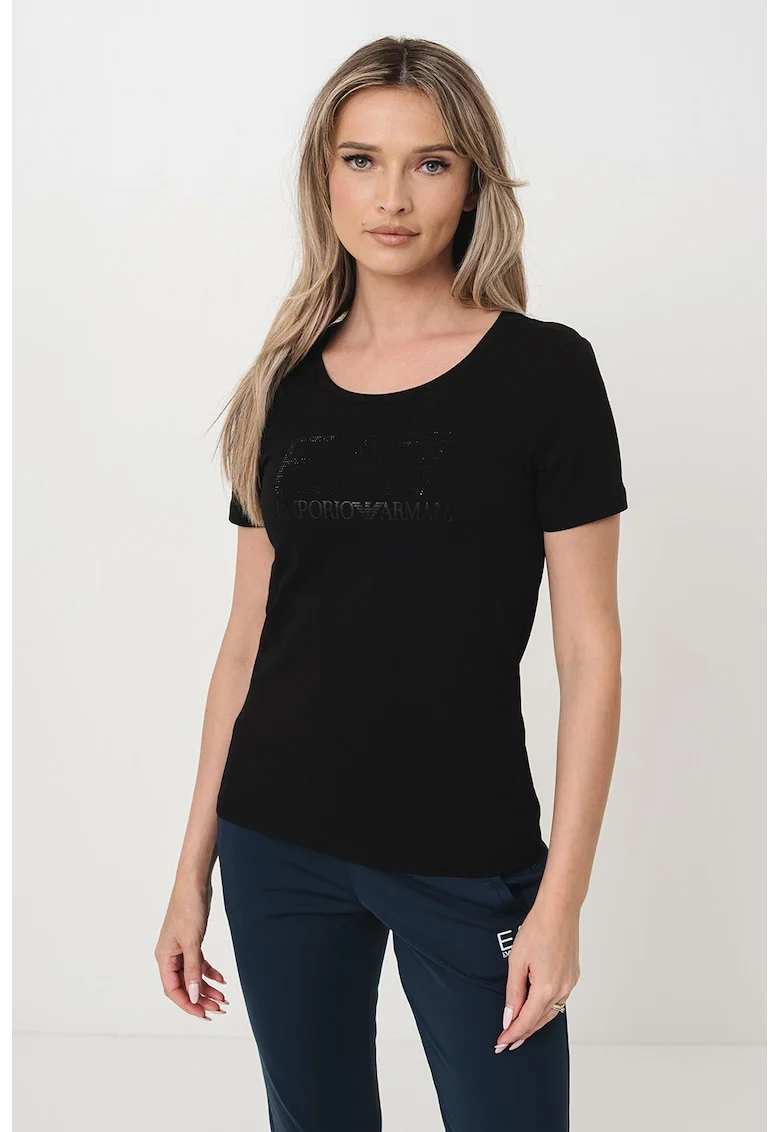 Tricou cu decolteu rotund si imprimeu logo, Negru