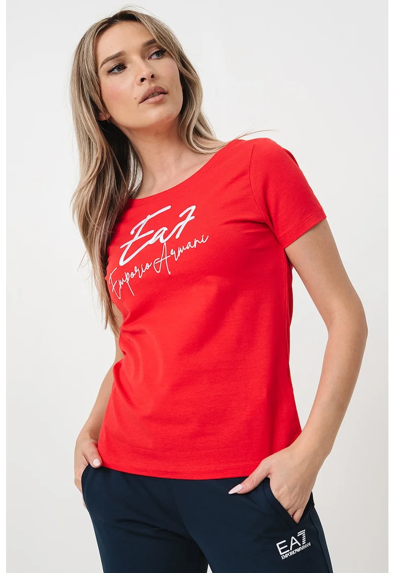Tricou cu decolteu rotund si imprimeu logo, Rosu/Alb