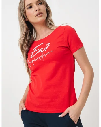 Tricou cu decolteu rotund si imprimeu logo, Rosu/Alb