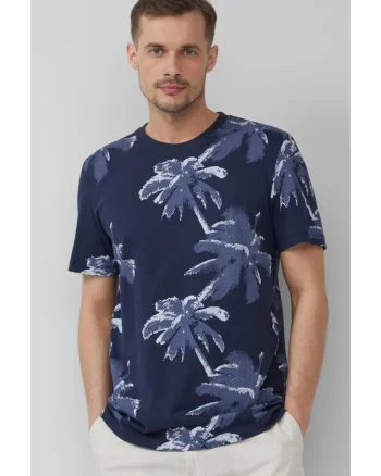 Tricou cu decolteu la baza gatului si model tropical