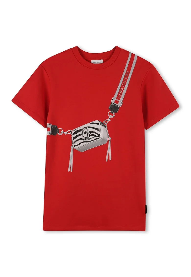 Tricou cu decolteu la baza gatului si design grafic, Rosu vermillion