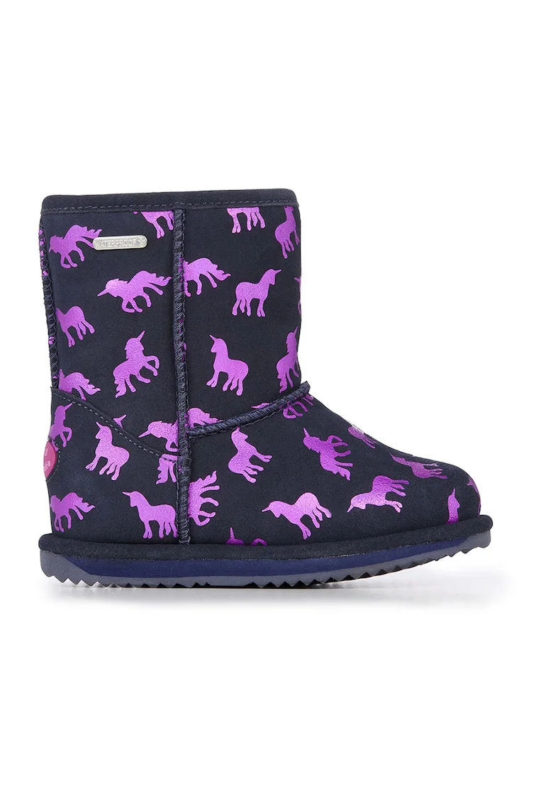 Cizme impermeabile scurte de piele intoarsa, fara inchidere Rainbow-Unicorn, Roz deschis/Bleumarin