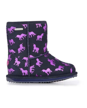 Cizme impermeabile scurte de piele intoarsa, fara inchidere Rainbow-Unicorn, Roz deschis/Bleumarin