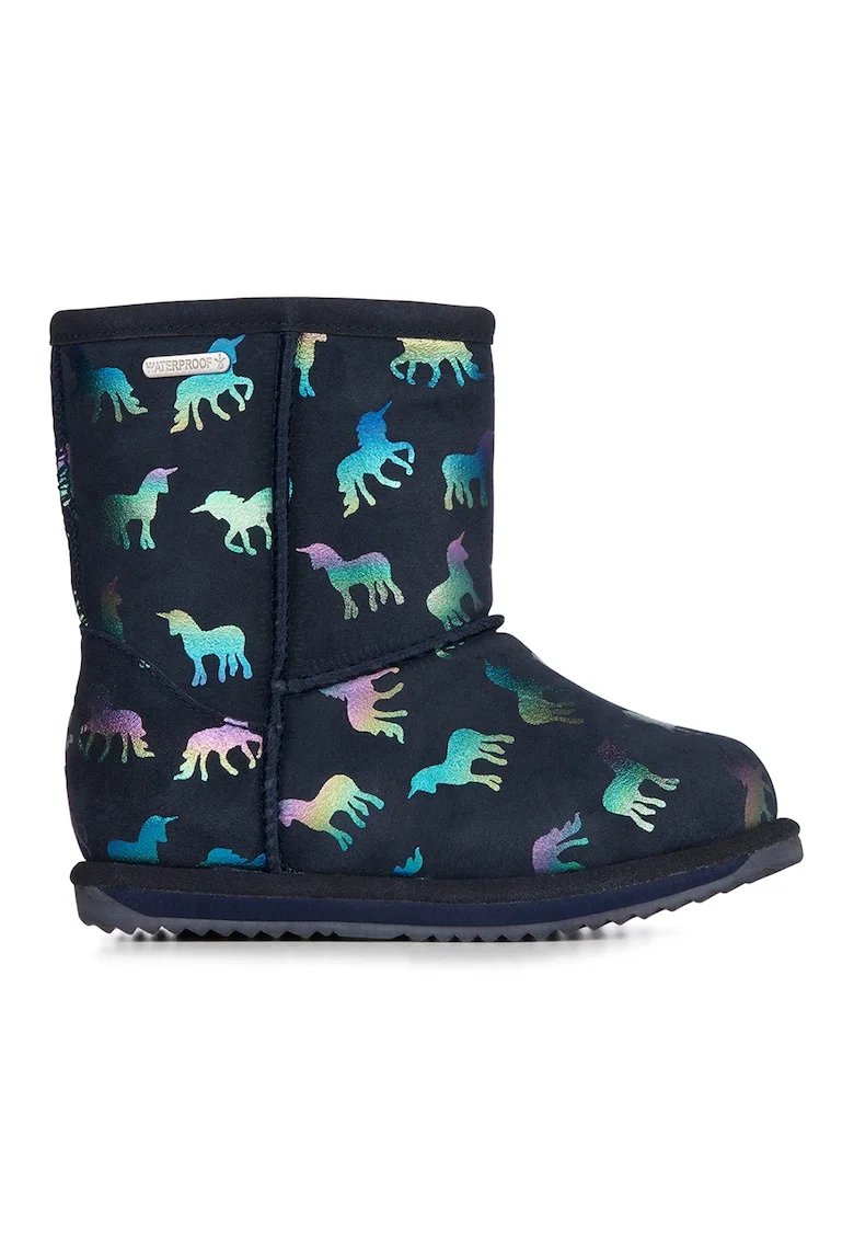 Cizme impermeabile scurte de piele intoarsa, fara inchidere Rainbow-Unicorn, Bleumarin