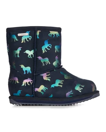 Cizme impermeabile scurte de piele intoarsa, fara inchidere Rainbow-Unicorn, Bleumarin