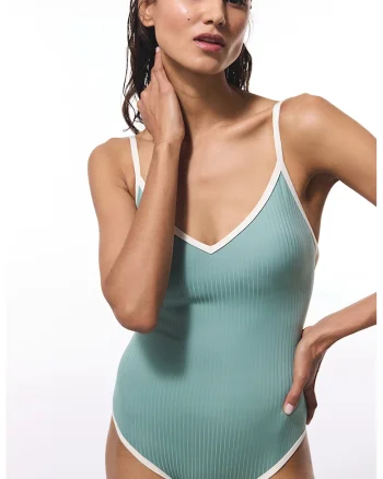 Costum de baie intreg cu detalii contrastante, Verde sparanghel