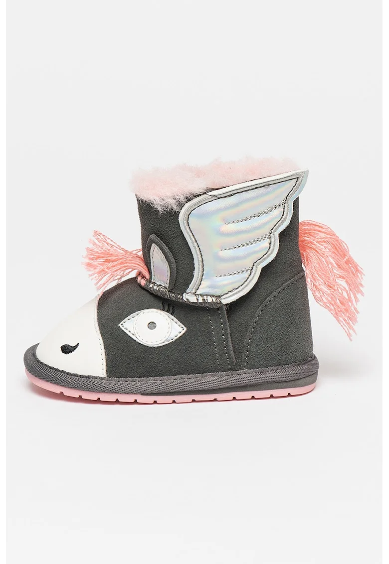 Cizme joase din piele intoarsa cu model unicorn Pegasus, Gri inchis