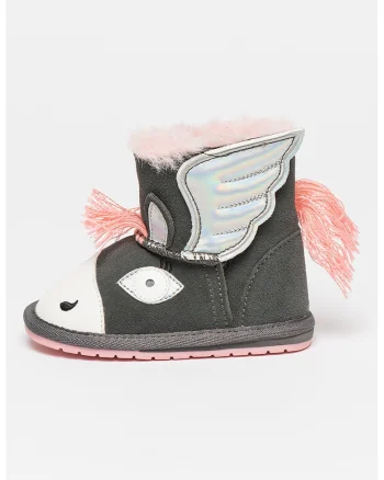 Cizme joase din piele intoarsa cu model unicorn Pegasus, Gri inchis