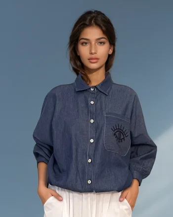 Cămașă din denim cu mânecă lungă și broderie pe spate bleumarin - Unica (XL-3XL)