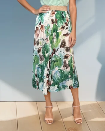 Fustă lungă plisată din satin cu print verde - Unica S-L