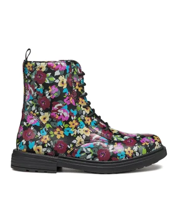 Ghete din piele ecologica cu model floral, Negru/Roz fandango/Galben sofran