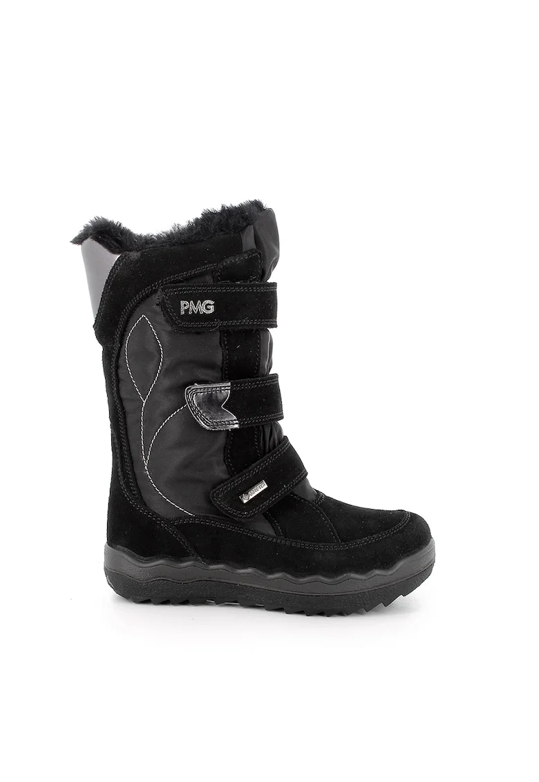 Cizme mid-calf cu velcro si garnituri de piele intoarsa, Negru