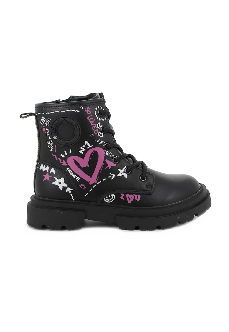Ghete de piele ecologica cu imprimeu grafic, Negru/Fucsia