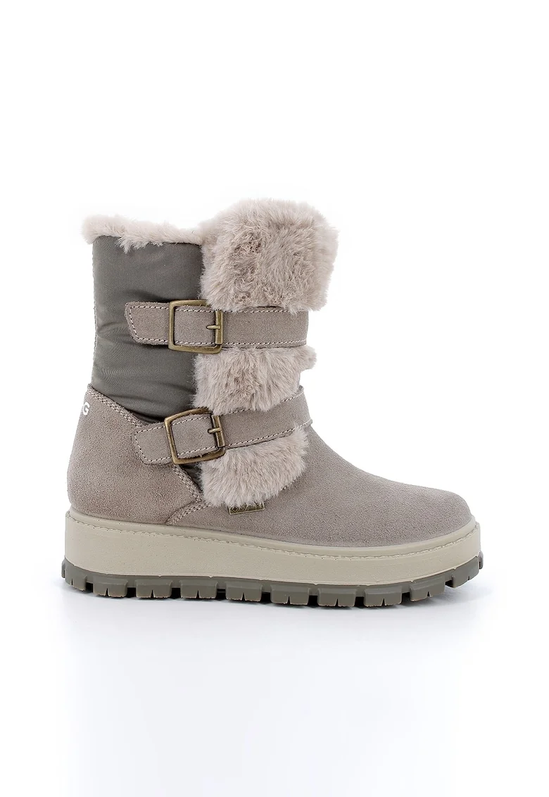 Cizme mid-calf de piele intoarsa cu garnituri de blana sintetica, Grej
