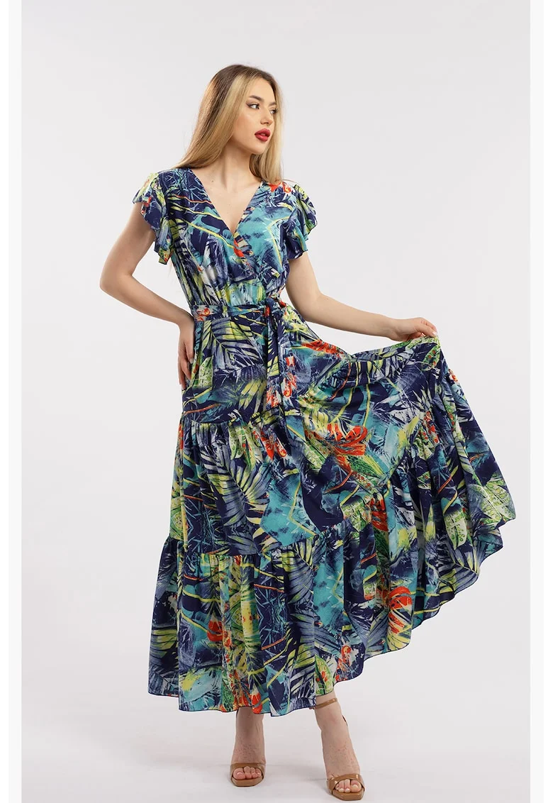 Rochie lunga cu decolteu in V, Verde lime/Bleumarin