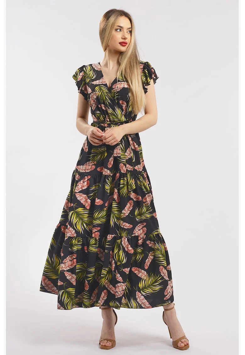 Rochie lunga cu decolteu in V, Negru/Verde lime