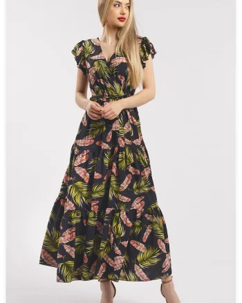 Rochie lunga cu decolteu in V, Negru/Verde lime