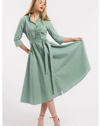 Rochie-camasa evazata cu cordon in talie, Verde feriga