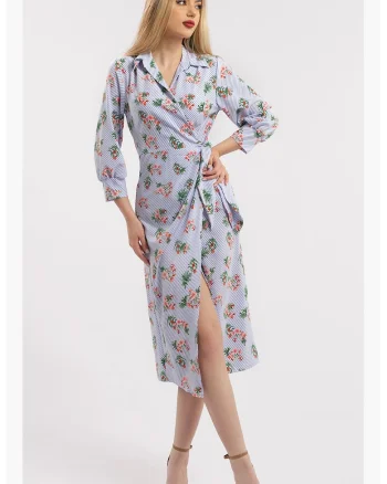 Rochie midi cu croiala petrecuta si slit frontal, Alb/Albastru