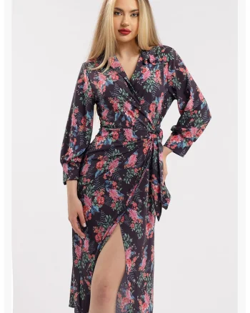 Rochie midi cu croiala petrecuta si slit frontal, Negru/Roz