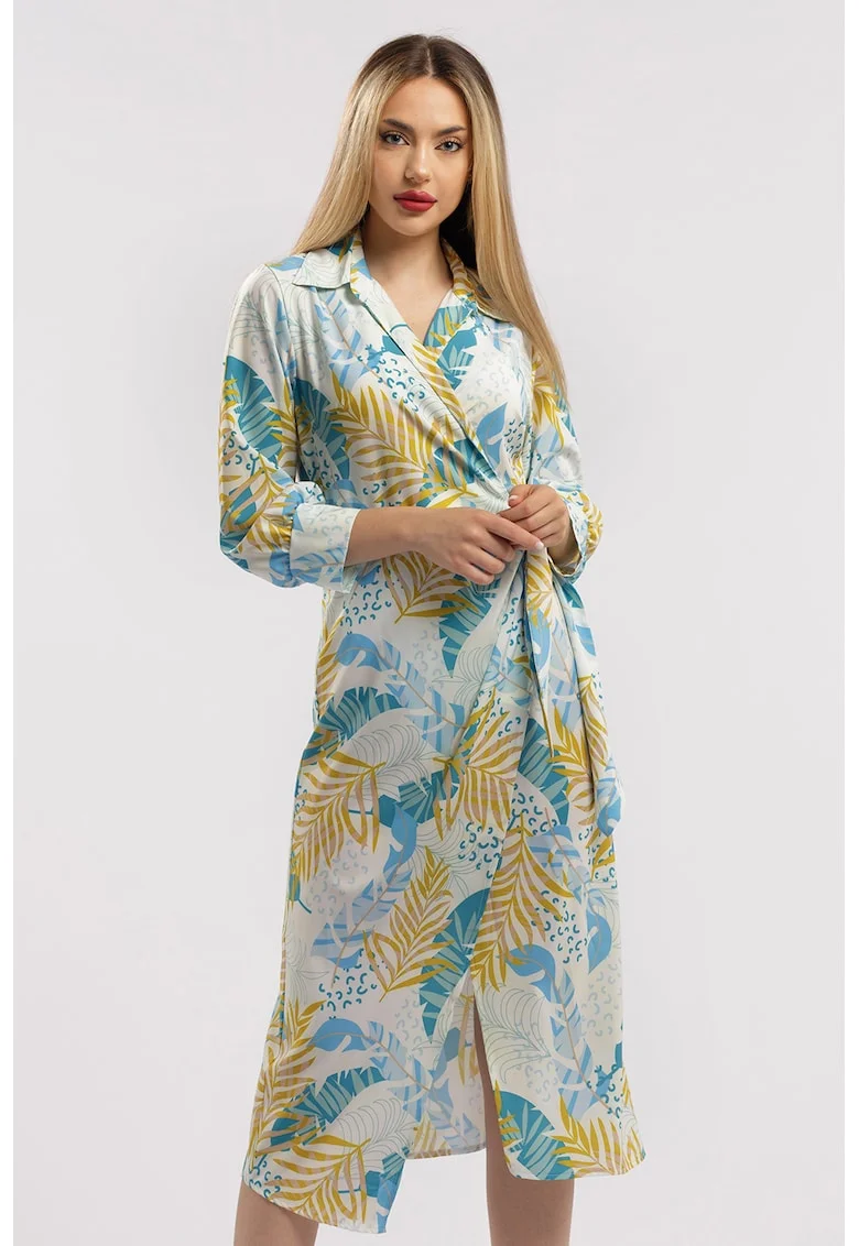 Rochie midi cu croiala petrecuta si slit frontal, Albastru deschis/Galben mustar