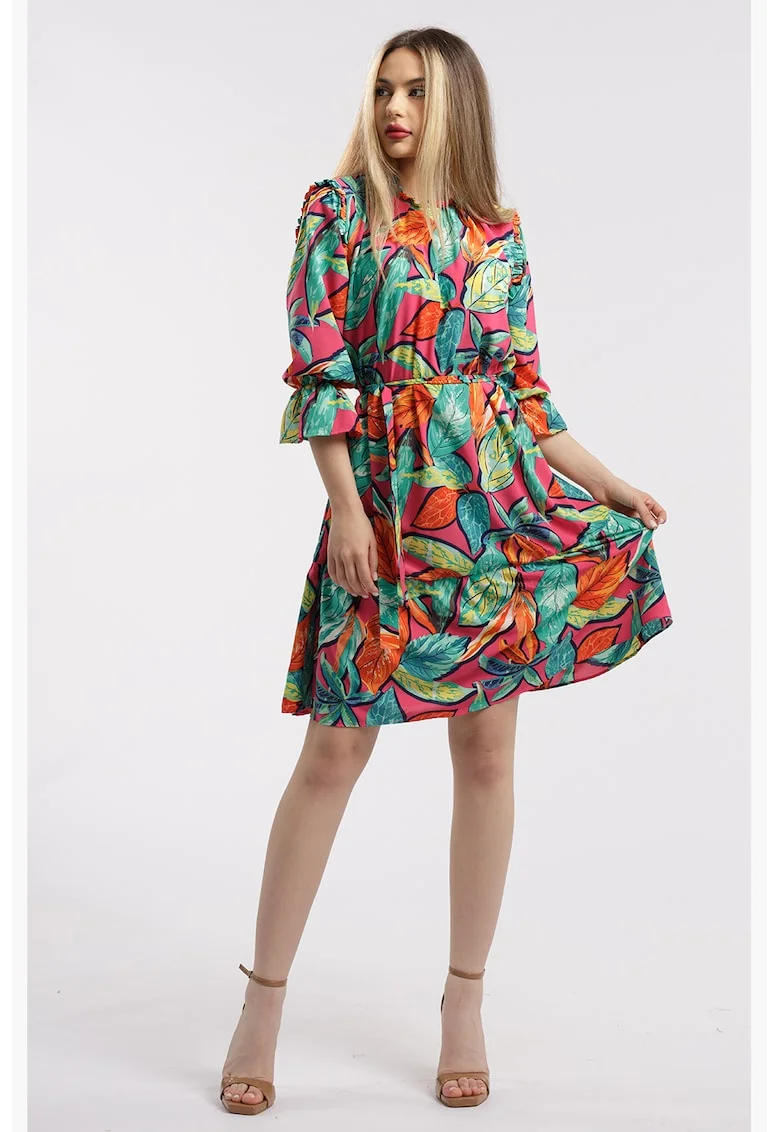 Rochie scurta cu model, Verde/Fucsia